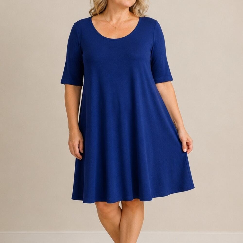 Eileen Fisher Cobalt Blue Rayon Swing Tunic Dress Large L Minimalist Travel Wear